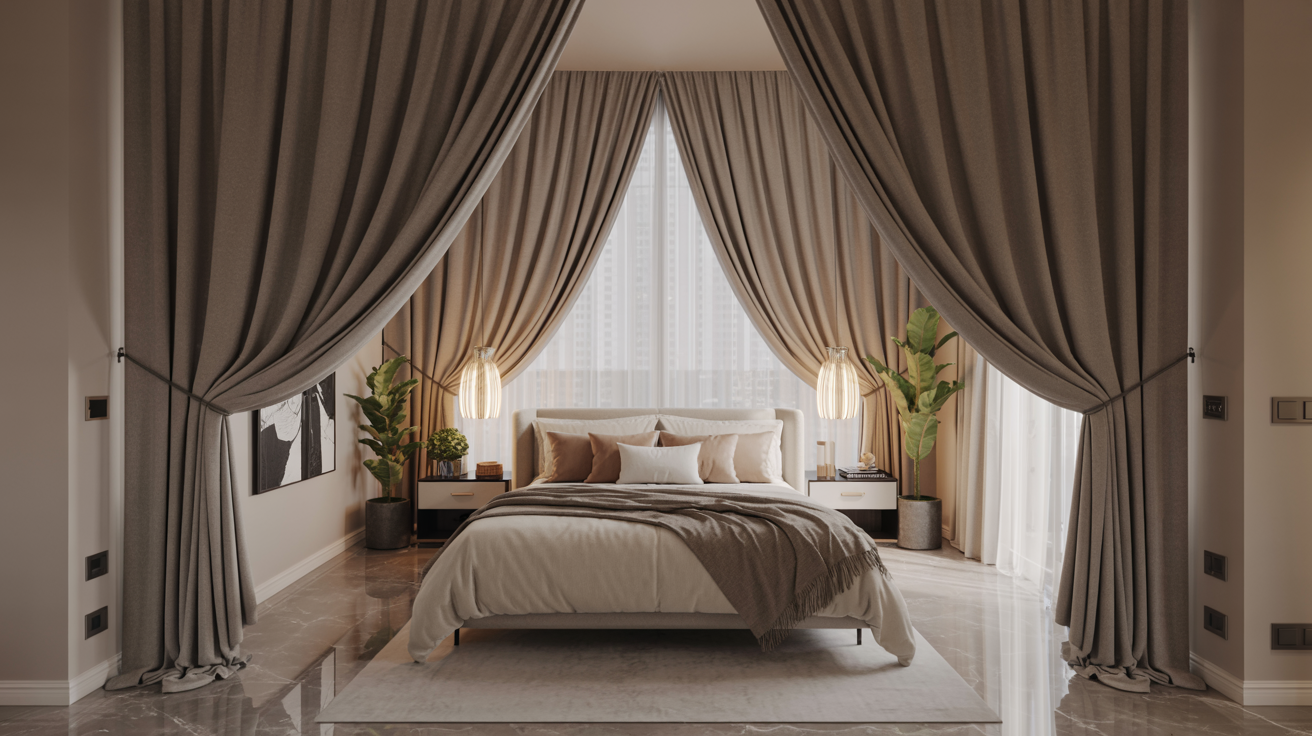 1. A cozy bedroom featuring a neatly made bed and elegant curtains framing the window.