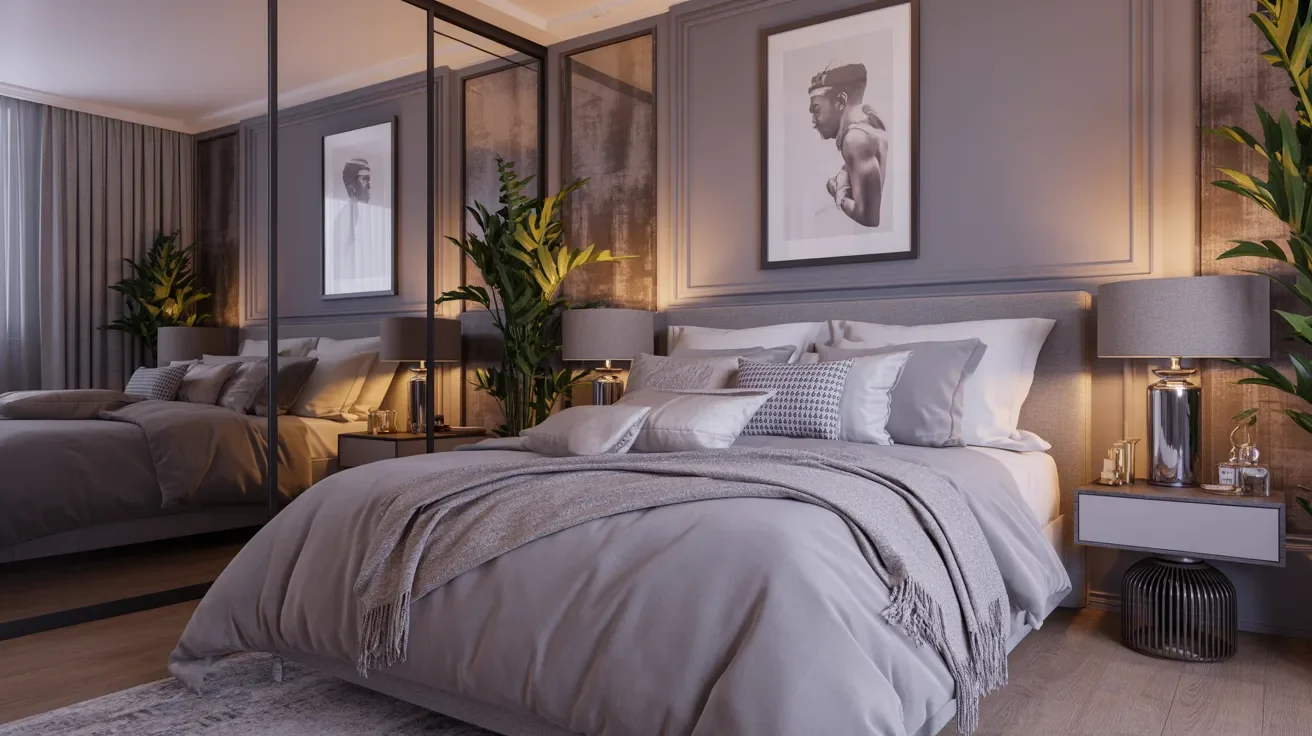 A cozy bedroom featuring a large bed and a stylish mirror reflecting the room's decor.