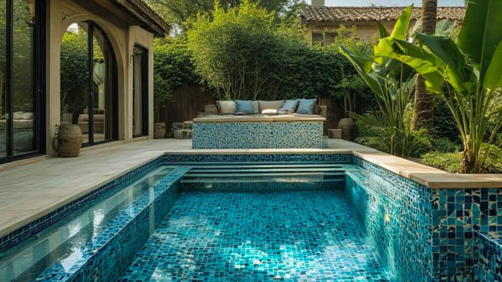 A swimming pool featuring blue mosaic tiles, surrounded by a spacious patio area for relaxation and leisure activities.