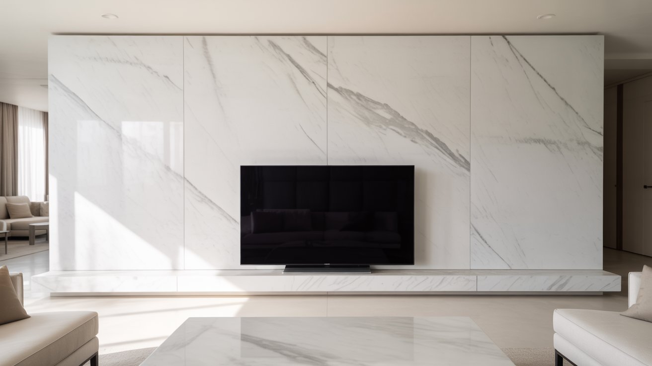  A modern living room featuring sleek marble walls and a flat screen TV mounted on the wall.