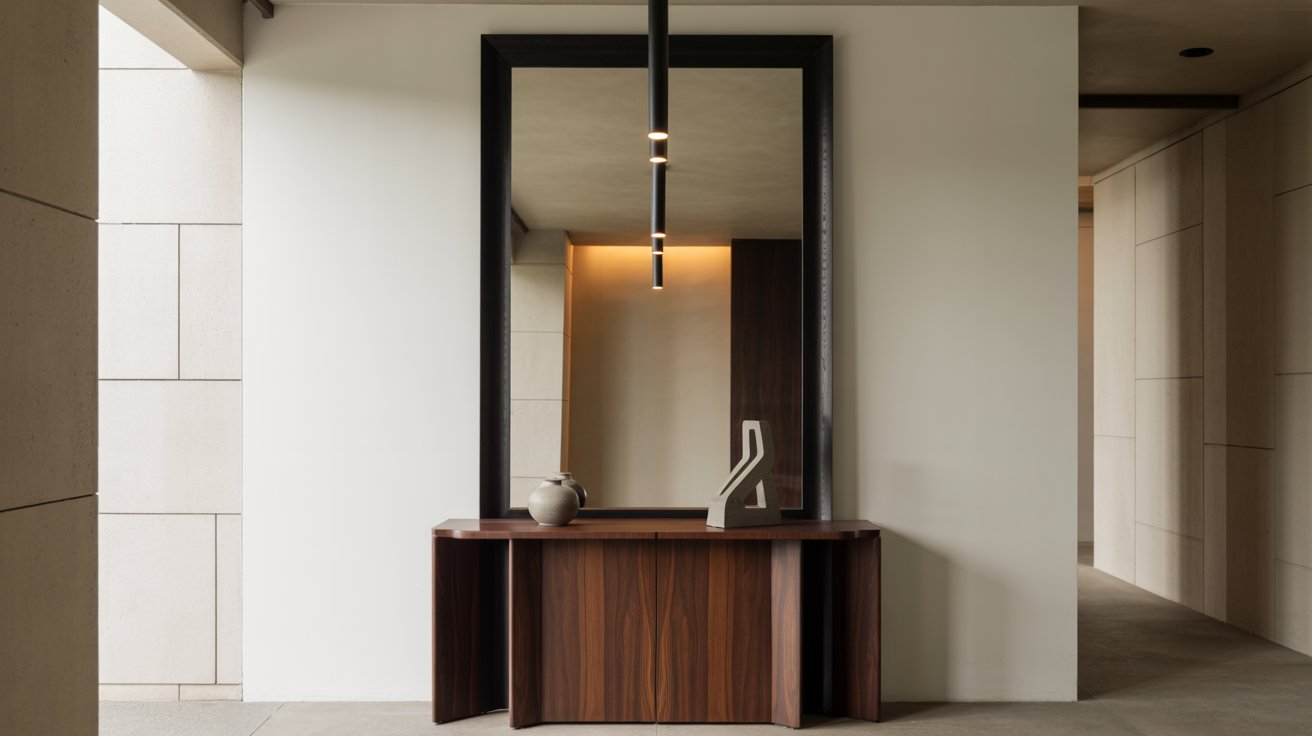 A wooden table with a mirror above it, set in a well-lit room with neutral-colored walls.