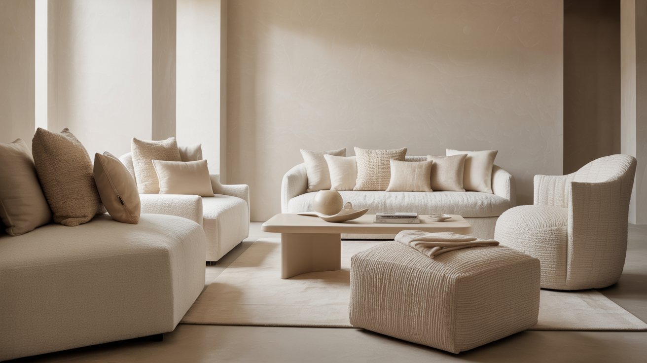 A cozy living room featuring beige furniture and decorative pillows arranged for comfort and style.