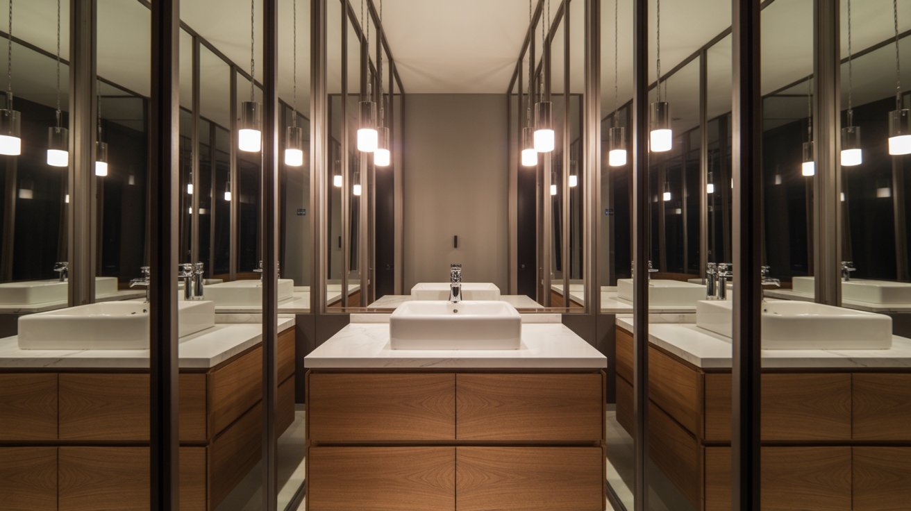 A modern bathroom with a stylish mirror and wooden cabinets, emphasizing a clean and organized space.