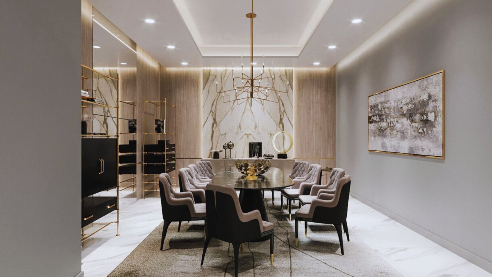 Stylish dining area showcasing polished marble walls and a stunning gold chandelier as a focal point.