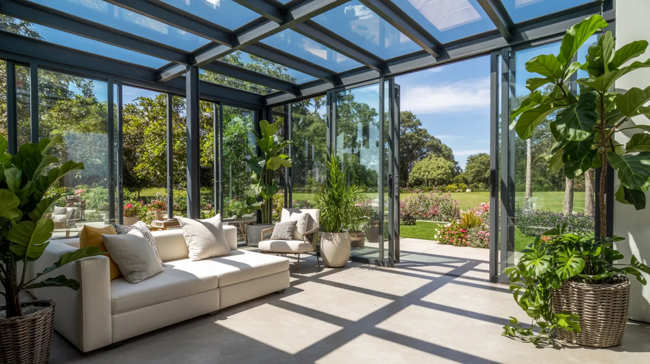 A spacious glass-enclosed patio featuring a comfortable couch and various indoor plants.