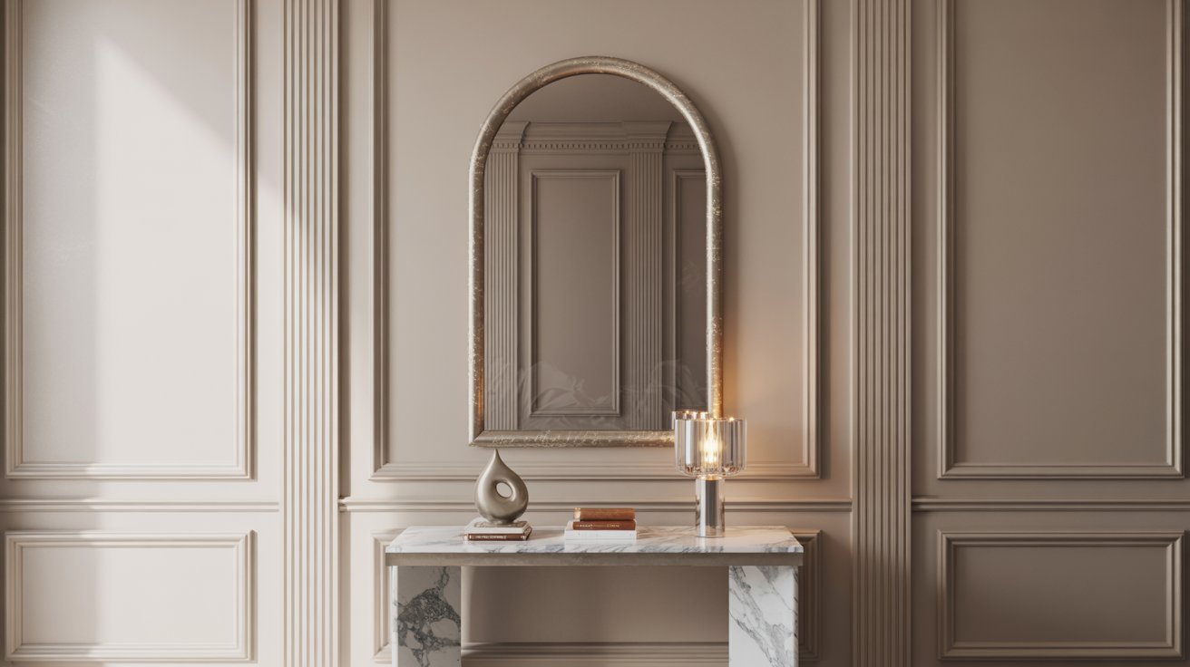 A marble table and a large mirror are positioned in a well-decorated room, reflecting the elegant interior design.