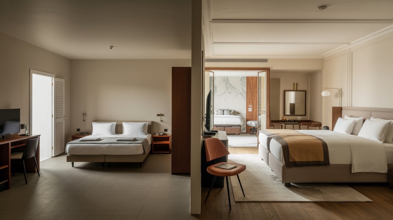 A hotel room layout with two beds and a television, providing a welcoming space for guests.