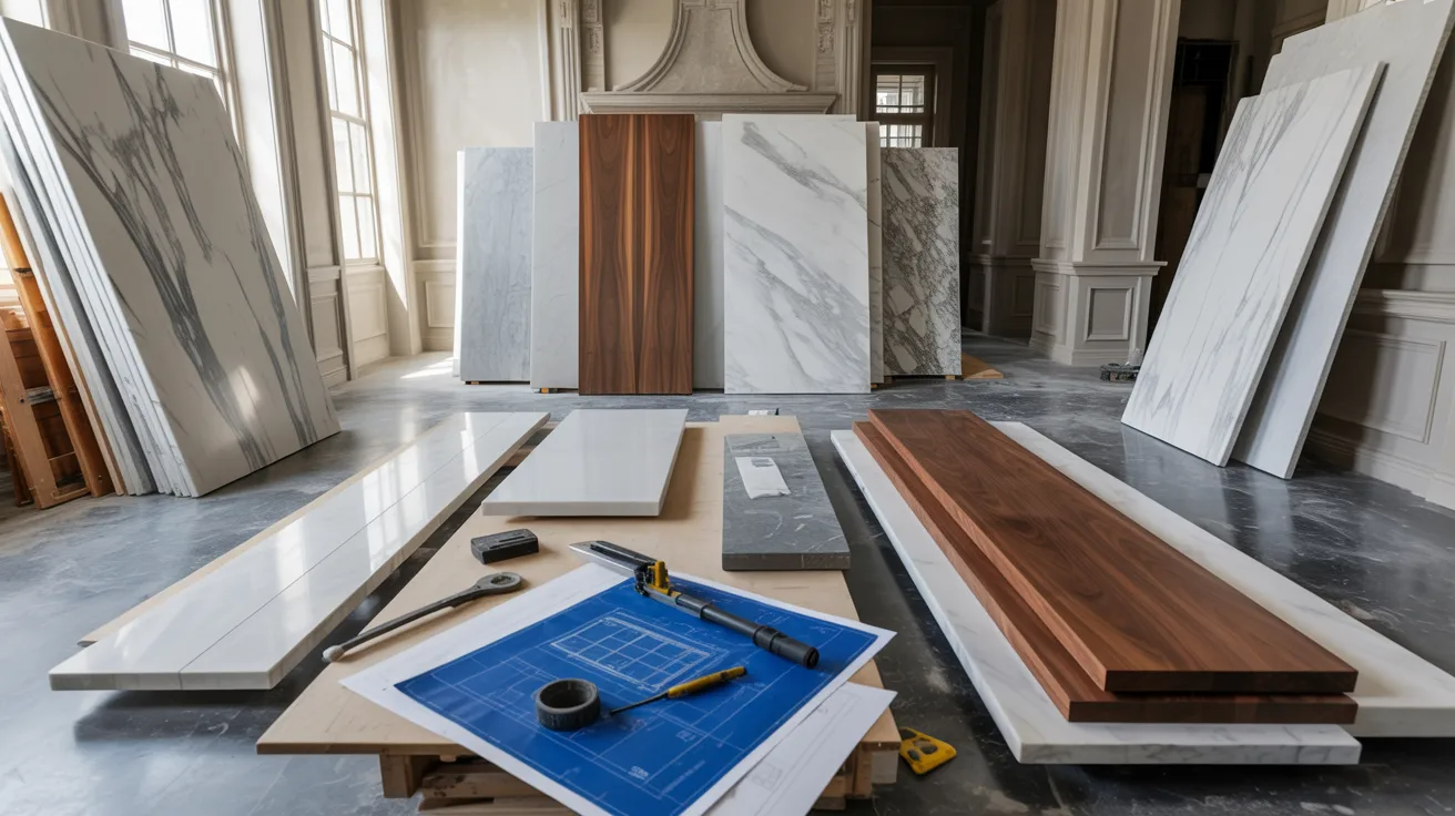 A room showcasing a variety of wood and marble materials, highlighting their textures and colors in an elegant setting.