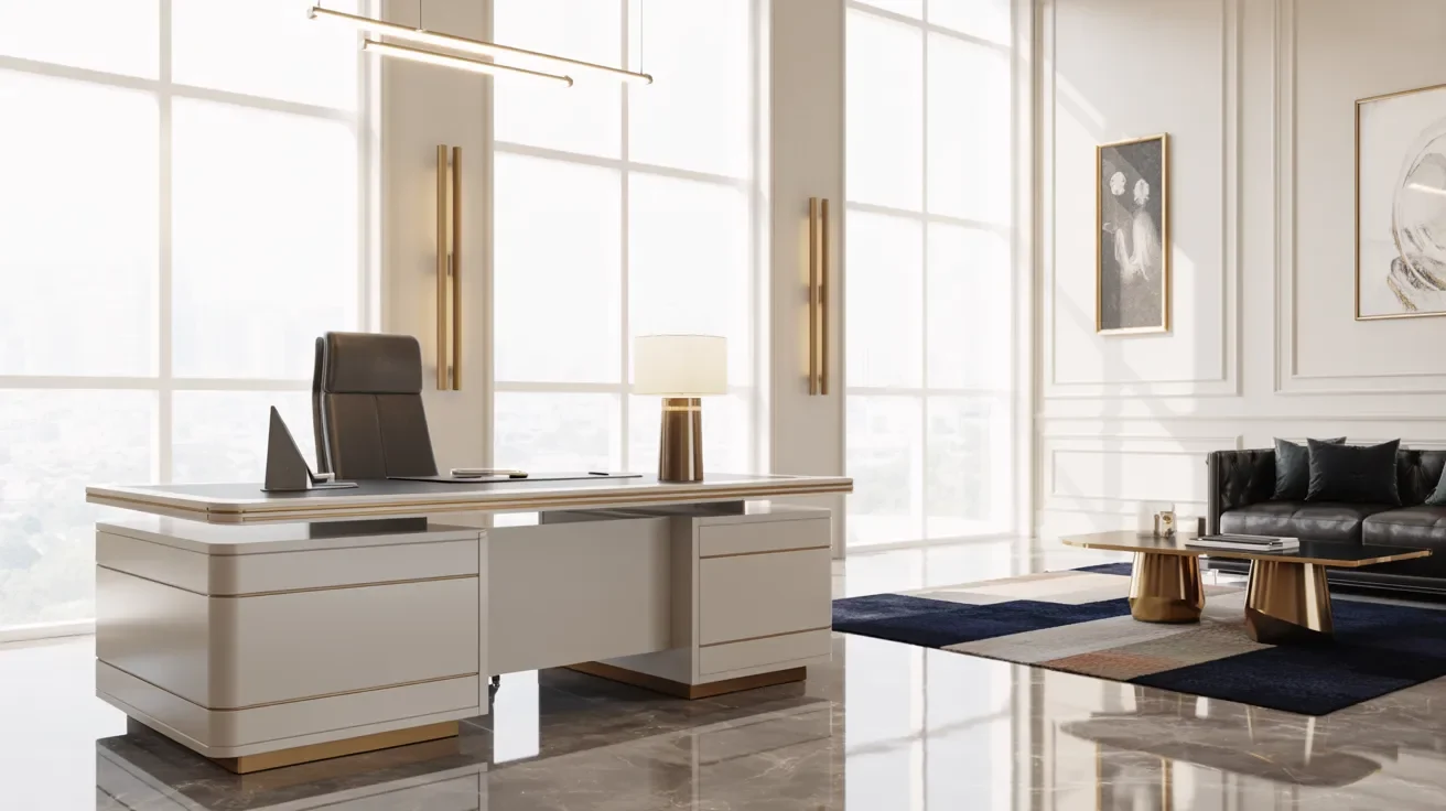 A modern office featuring a sleek desk and ergonomic chairs arranged for a professional workspace.