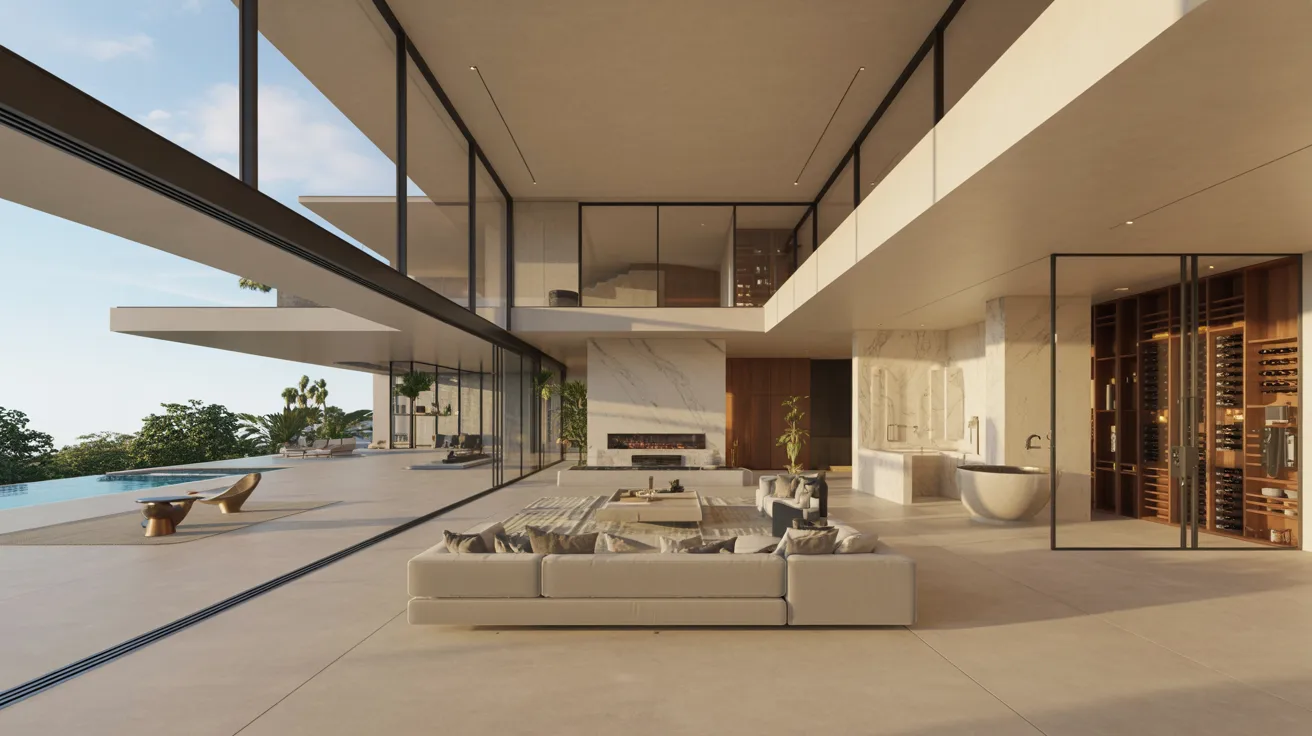  A modern home featuring large windows and a swimming pool, showcasing contemporary architecture and outdoor living space.