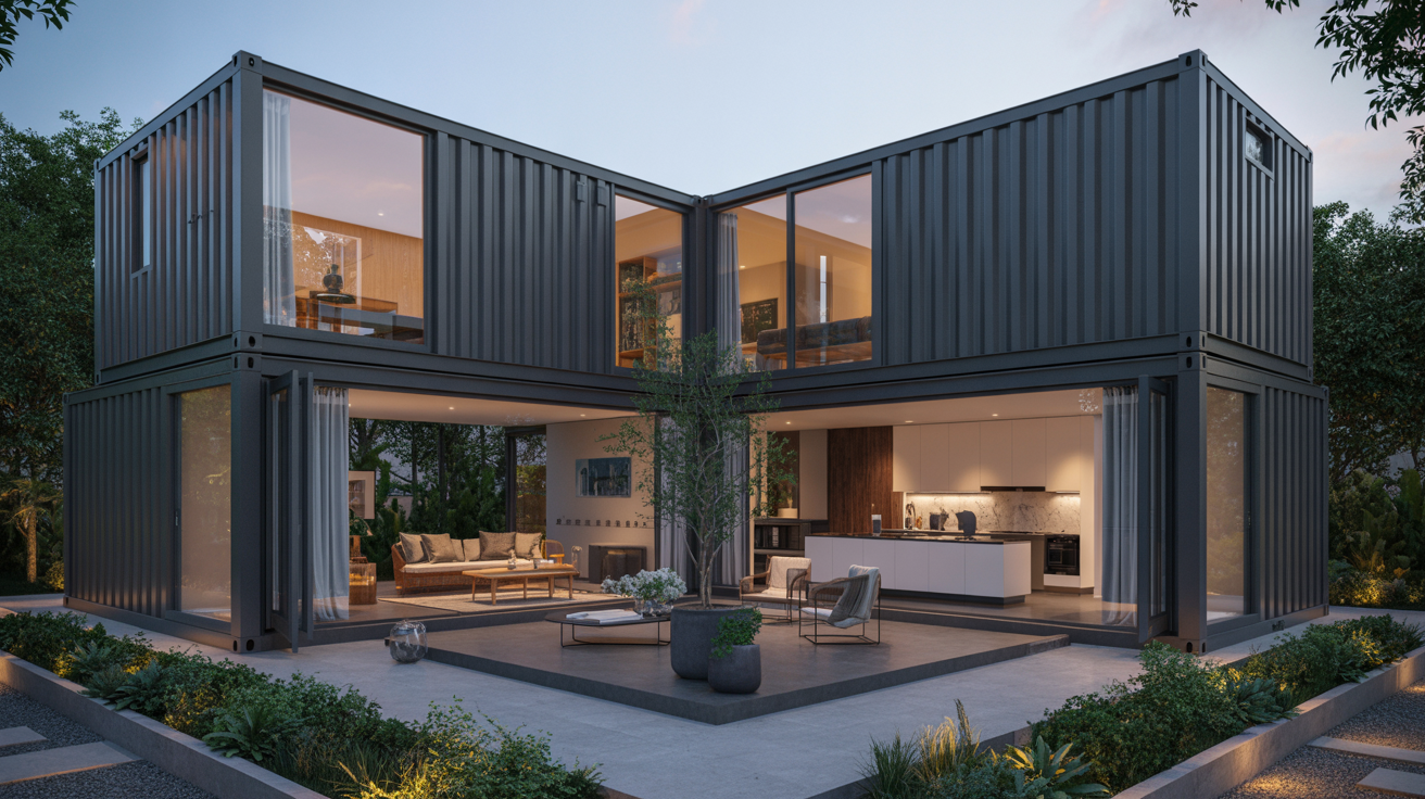 3D rendering of a modern container home design showcasing innovative architecture and sustainable living concepts.