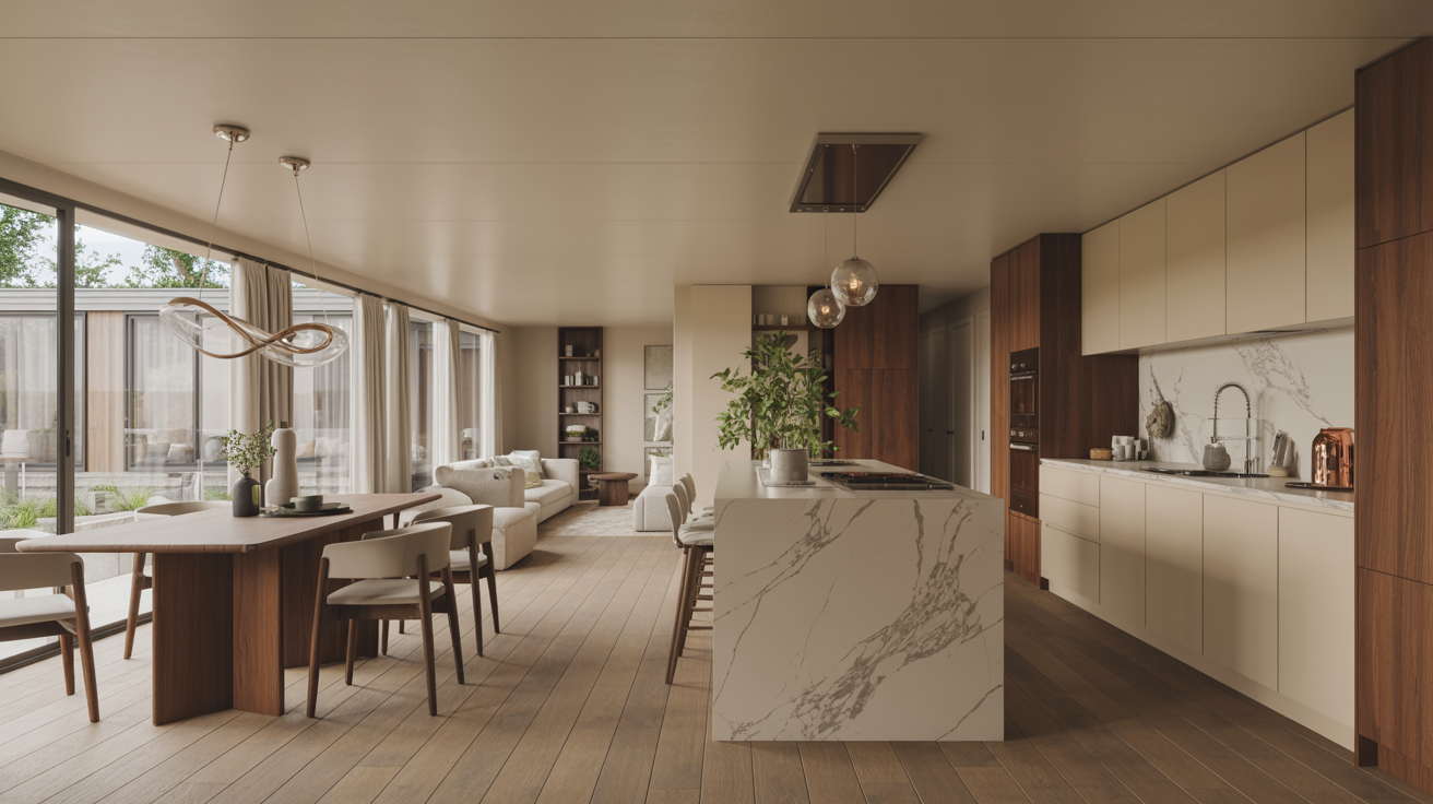 A modern kitchen and dining area featuring a large window that allows natural light to fill the space.