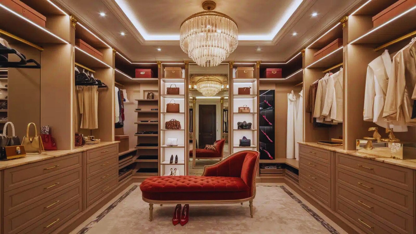 A spacious walk-in closet featuring a red chair and an elegant chandelier hanging from the ceiling.
