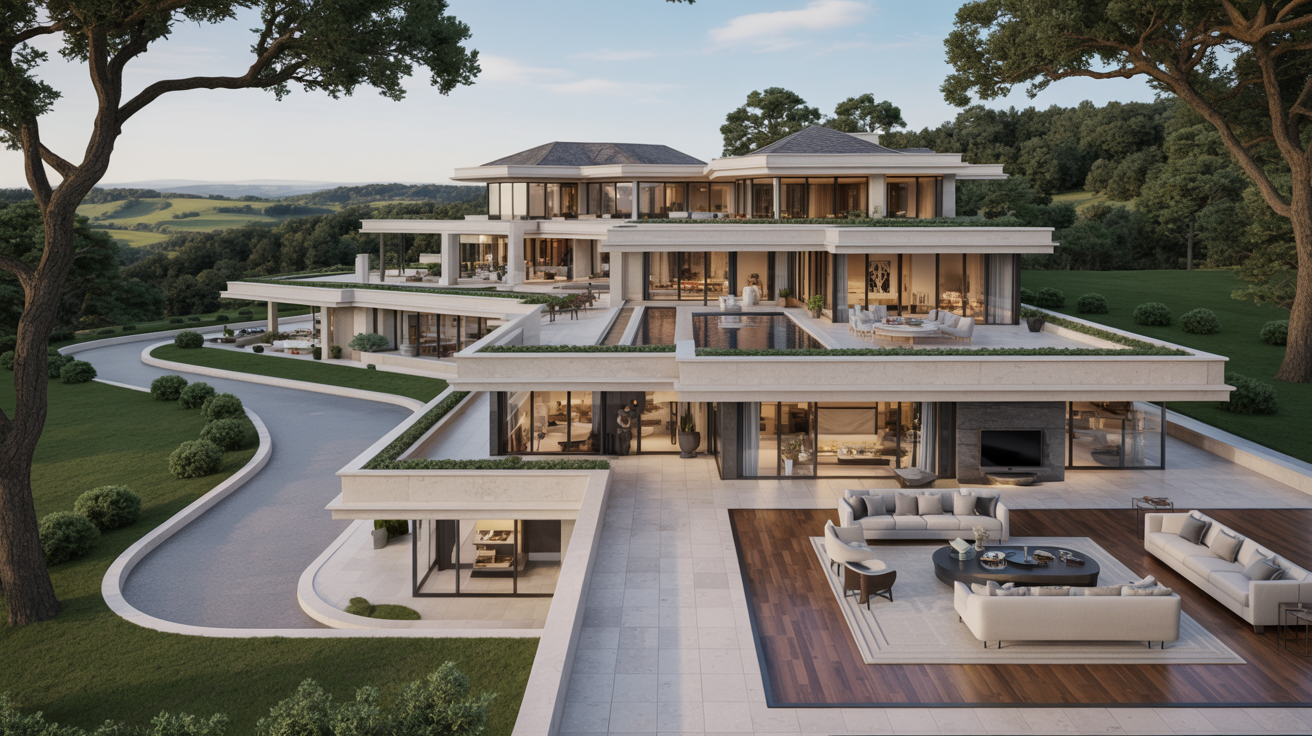  A luxury home featuring a spacious pool and elegant outdoor living area, perfect for relaxation and entertainment.