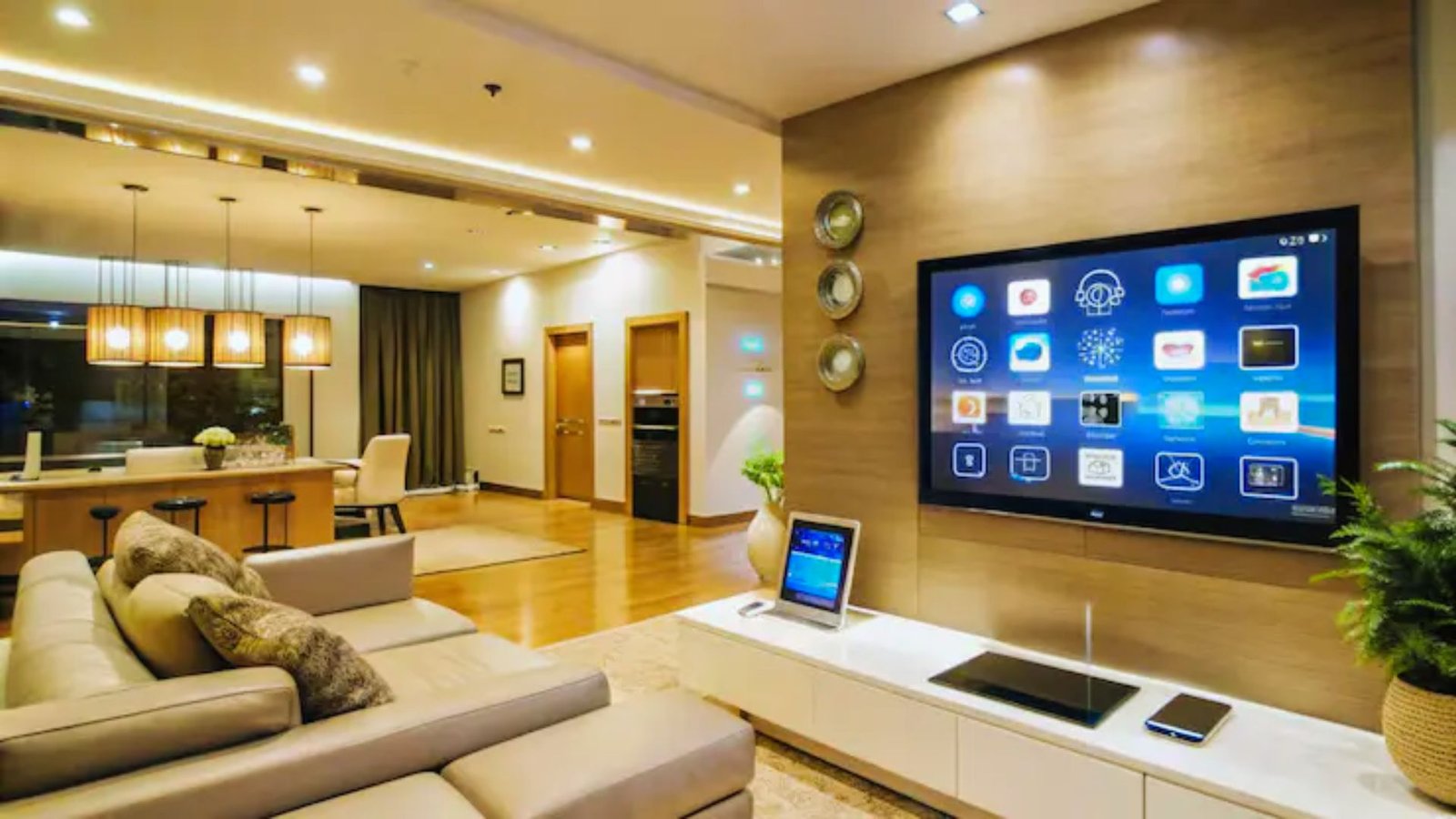 A contemporary living room featuring a flat screen TV mounted on the wall, with modern furniture and decor.