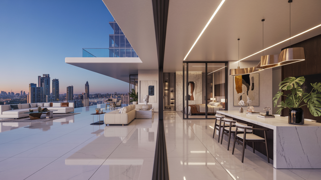 A panoramic view from a modern apartment rooftop, showcasing city skyline and surrounding buildings under a clear blue sky.
