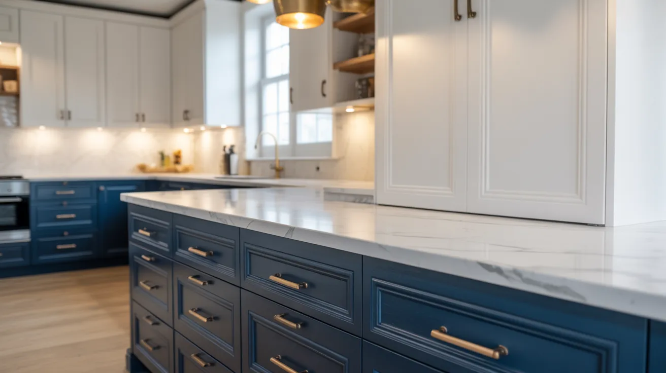 A modern kitchen featuring blue cabinets and white countertops, creating a bright and inviting atmosphere.
