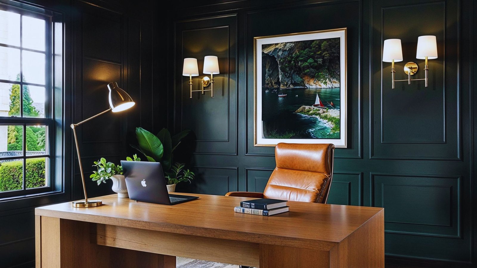 A stylish home office with dark green walls and a wooden desk, designed for productivity and comfort.