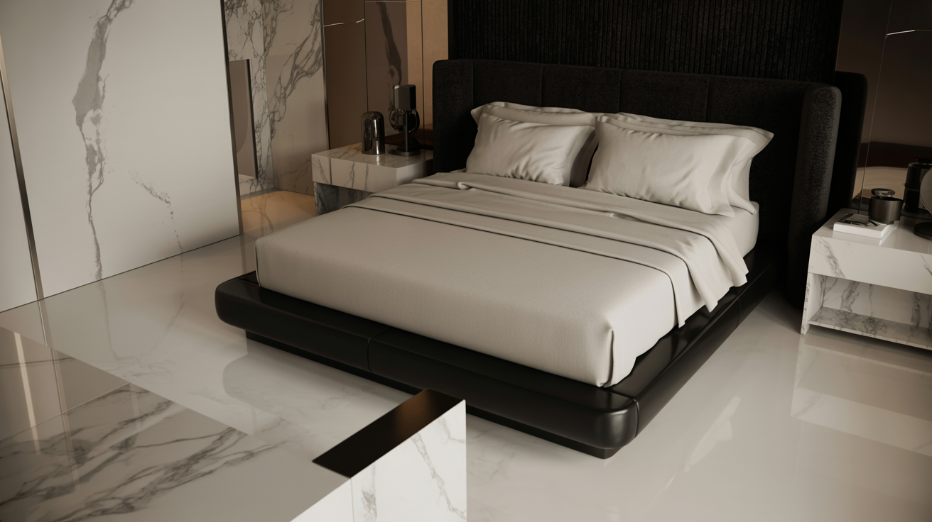 A modern bedroom featuring sleek marble flooring and stylish black walls, creating a sophisticated atmosphere.