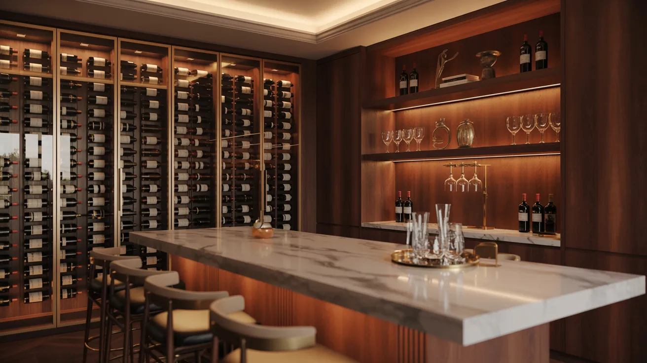 A wine cellar featuring a marble counter adorned with various wine bottles arranged neatly on shelves.
