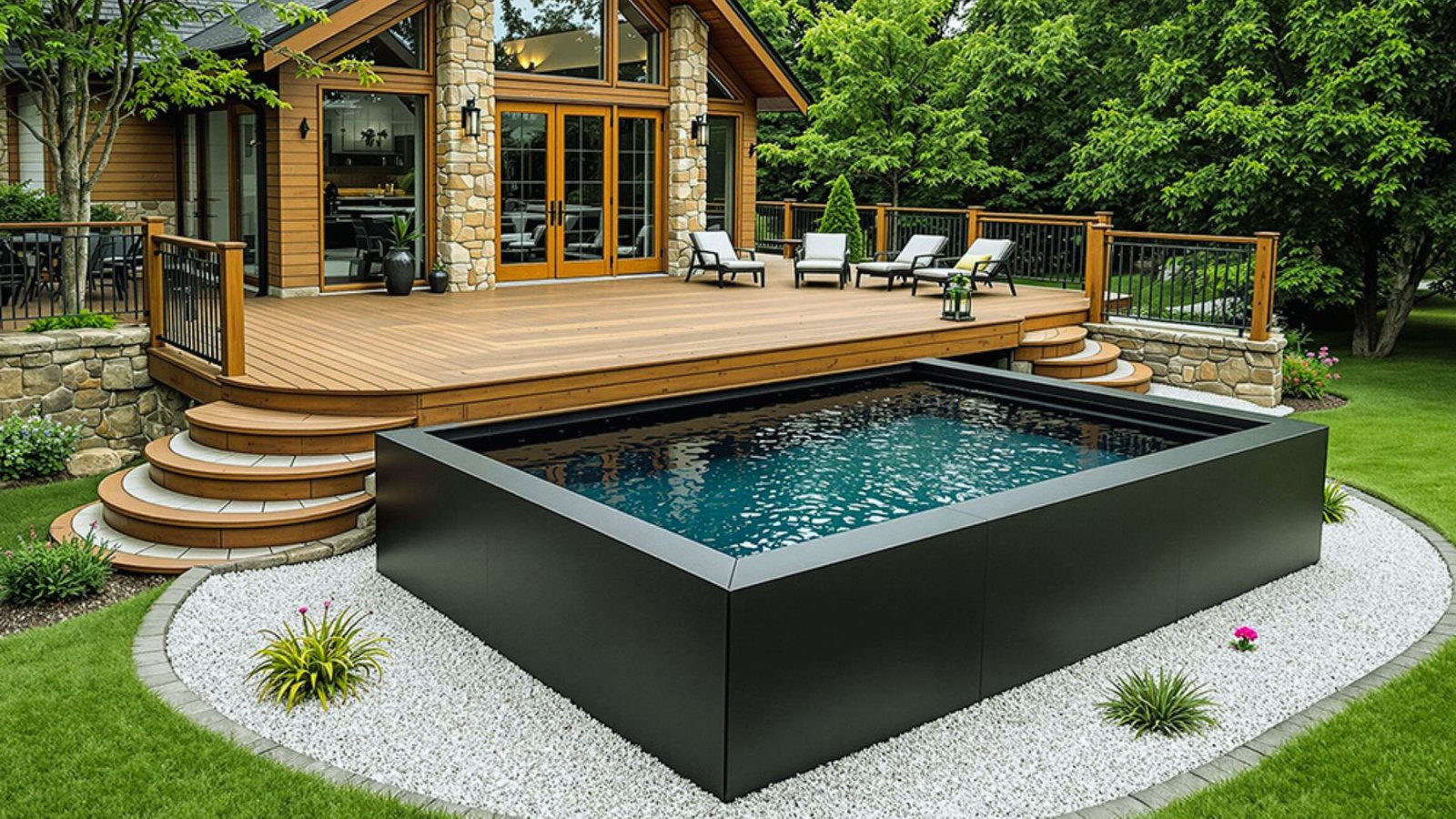 A backyard pool surrounded by a wooden deck, featuring a spacious area for relaxation and outdoor activities.