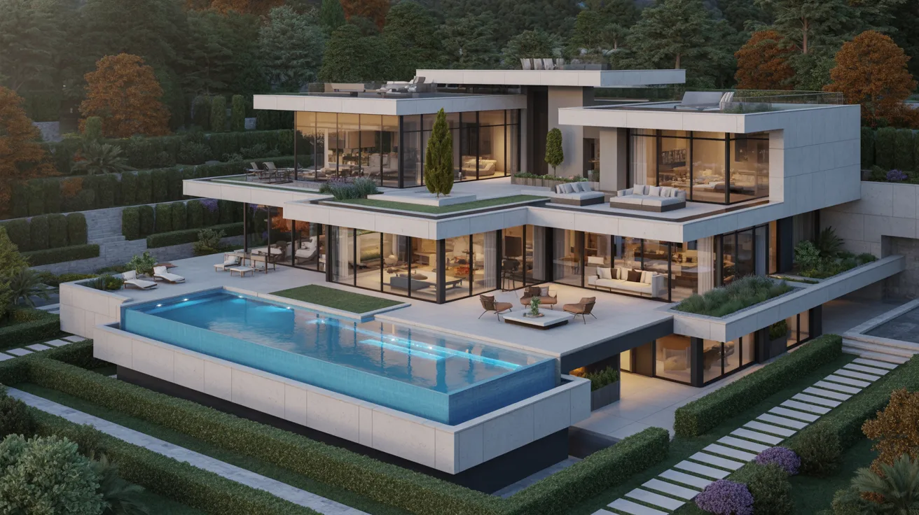 A sleek modern house featuring a large swimming pool in the backyard, surrounded by lush greenery.