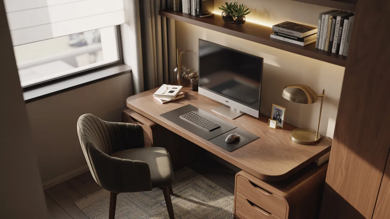 A desk featuring a computer, an ergonomic chair, and a bookshelf filled with books and decorative items.