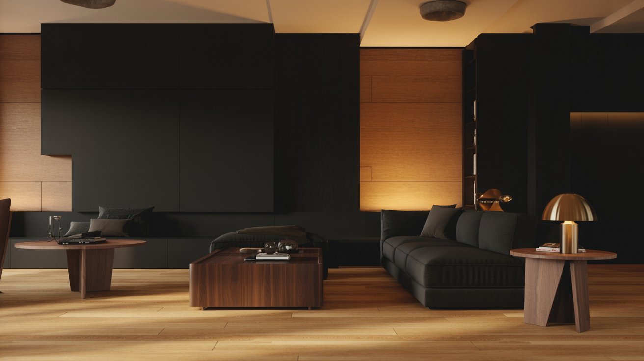A modern living room featuring black walls and wooden floors, creating a stylish and contemporary atmosphere.