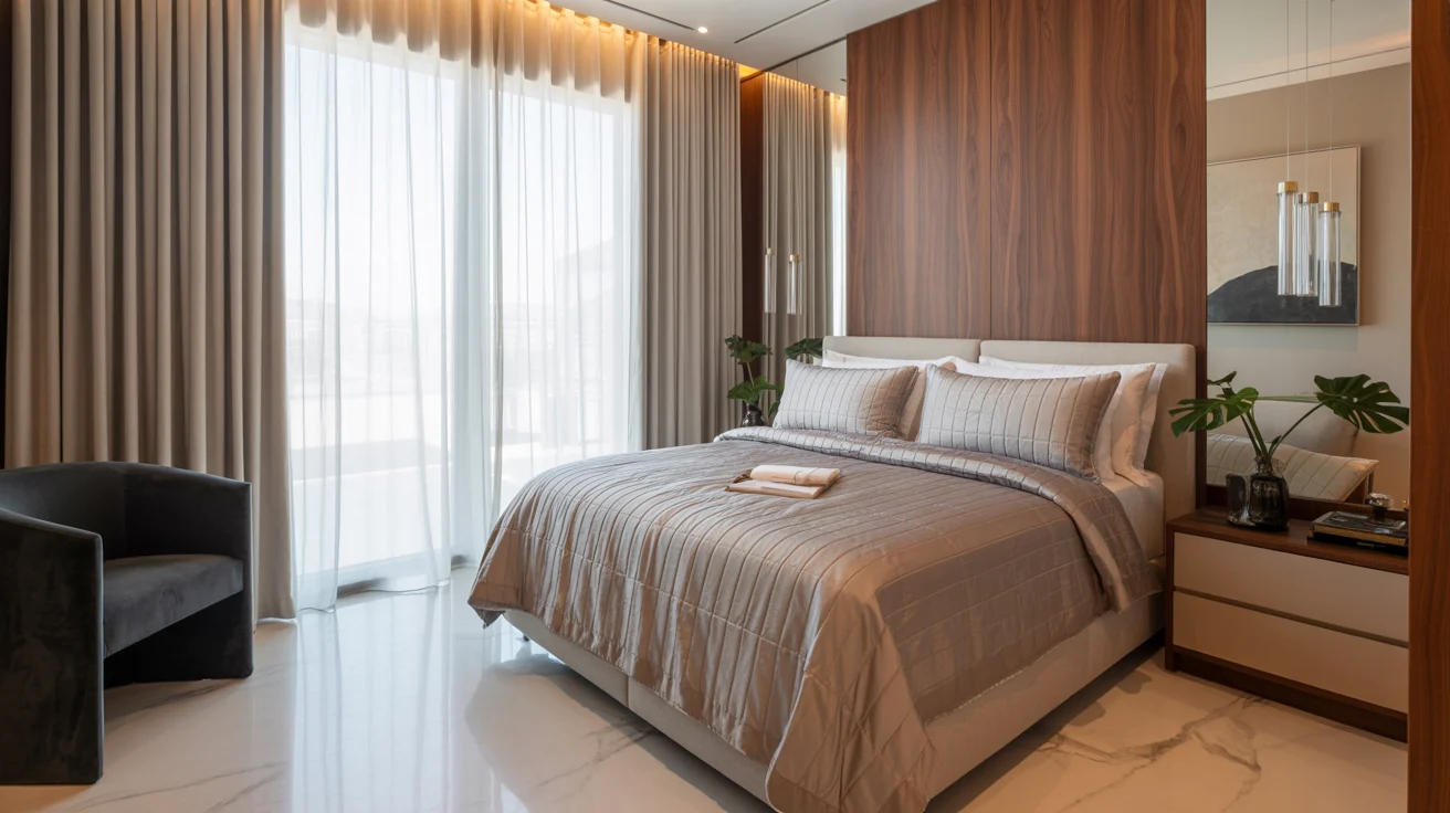 A modern bedroom featuring a neatly made bed, a stylish chair, and a large mirror reflecting the room's decor.