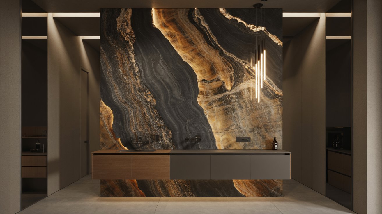 A stylish bathroom highlighted by a large marble wall, enhancing the overall aesthetic with its rich design.