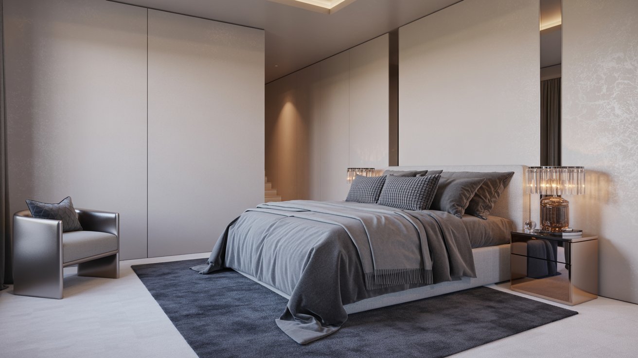 A contemporary bedroom showcasing a bed with decorative pillows and a sleek chair nearby.