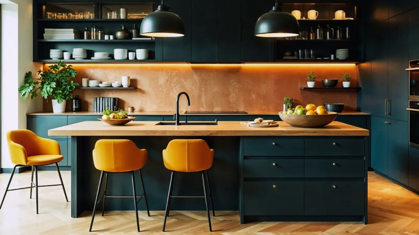 A kitchen featuring dark blue walls and bright yellow chairs, creating a vibrant and modern atmosphere.