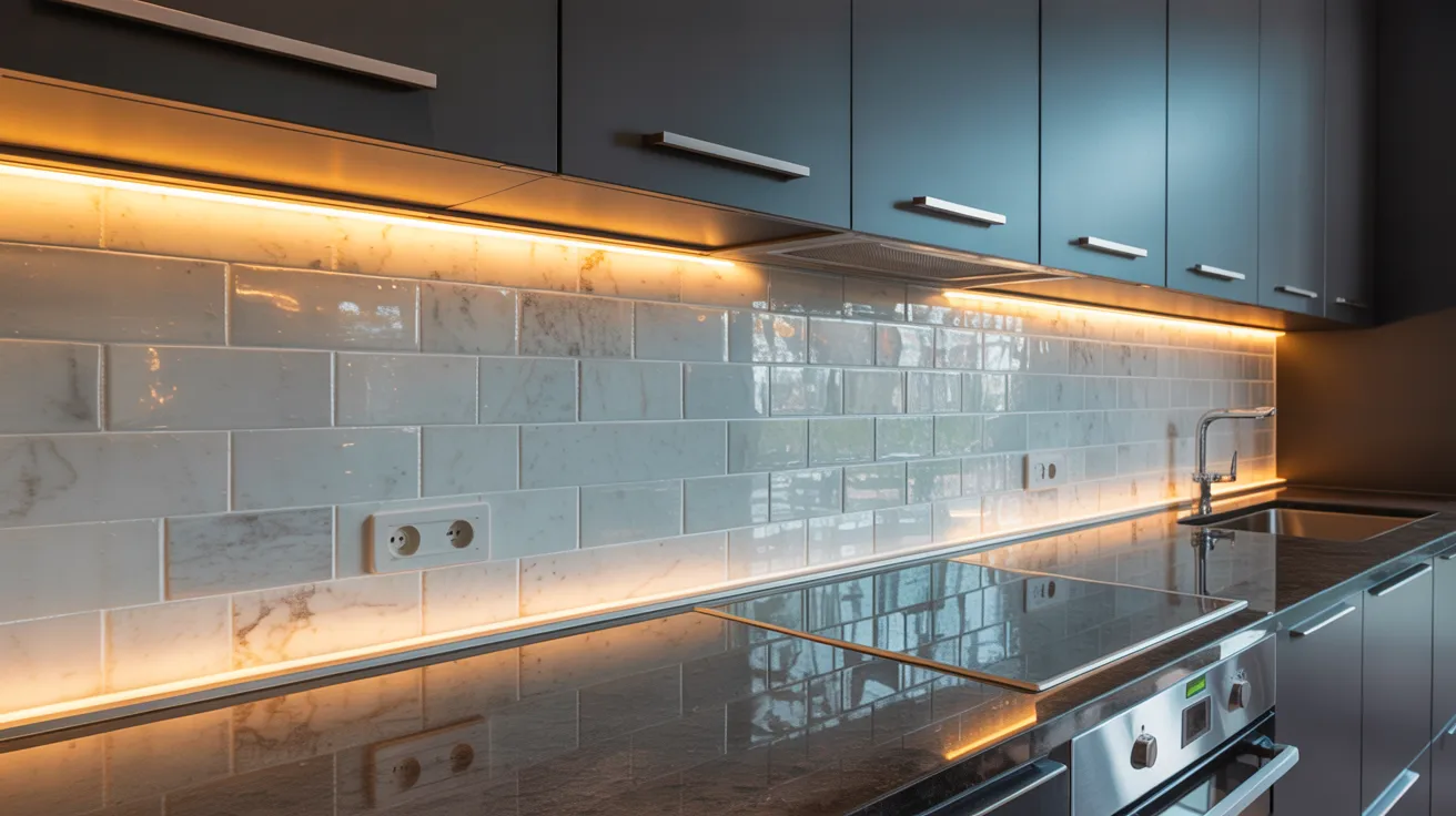 A contemporary kitchen showcasing a minimalist design with bright, modern lighting.