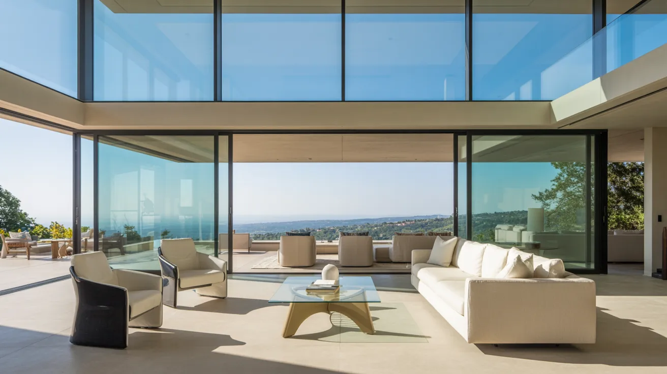 A spacious living room featuring large windows that provide a stunning view of the ocean.