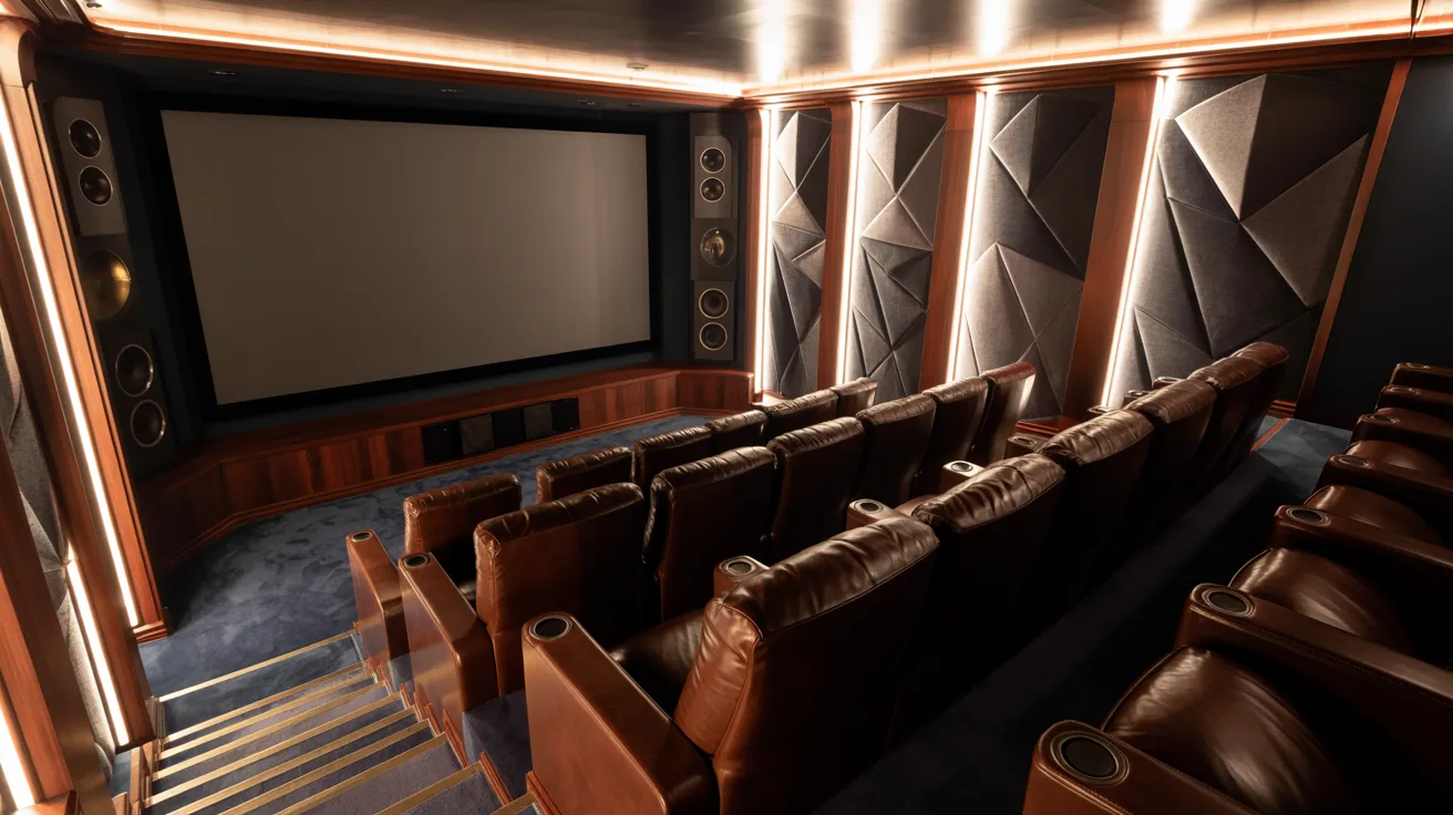 A theater room featuring plush leather seats arranged in front of a large projector screen.