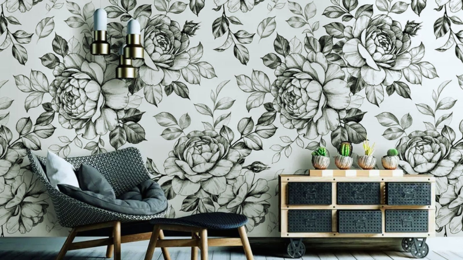 Black and white floral wallpaper adorns the walls of a stylish room, creating a classic and elegant atmosphere.