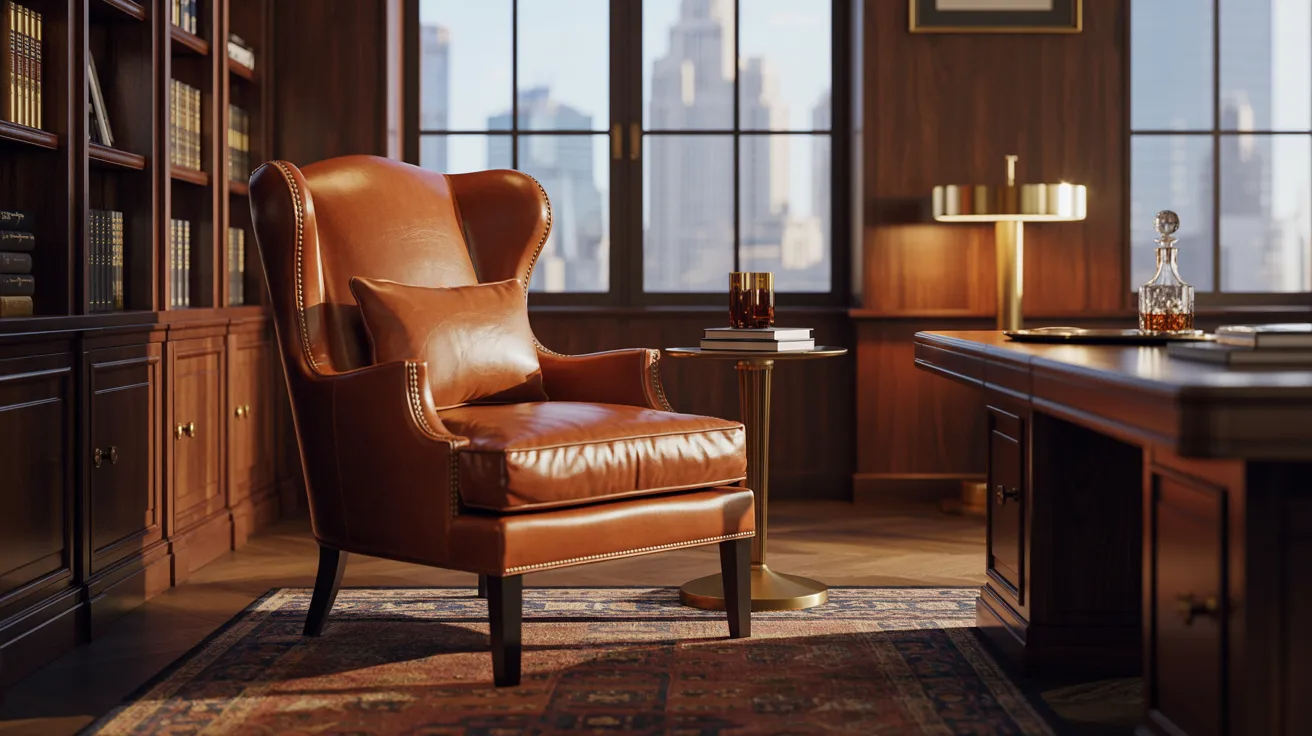 . A leather chair positioned in a room featuring a desk and bookshelves filled with books.