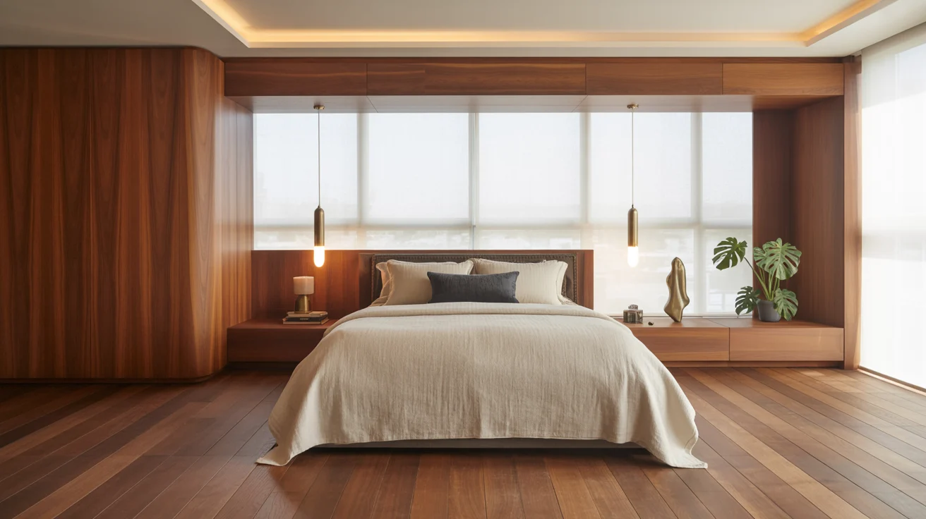 A cozy bedroom featuring wooden walls and a neatly made bed, creating a warm and inviting atmosphere.