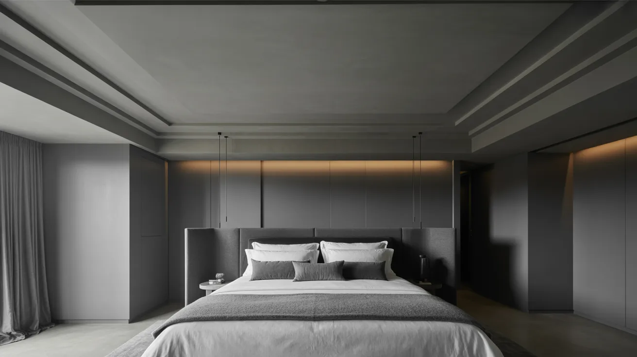 A serene bedroom with a comfortable bed and a calming gray wall backdrop.