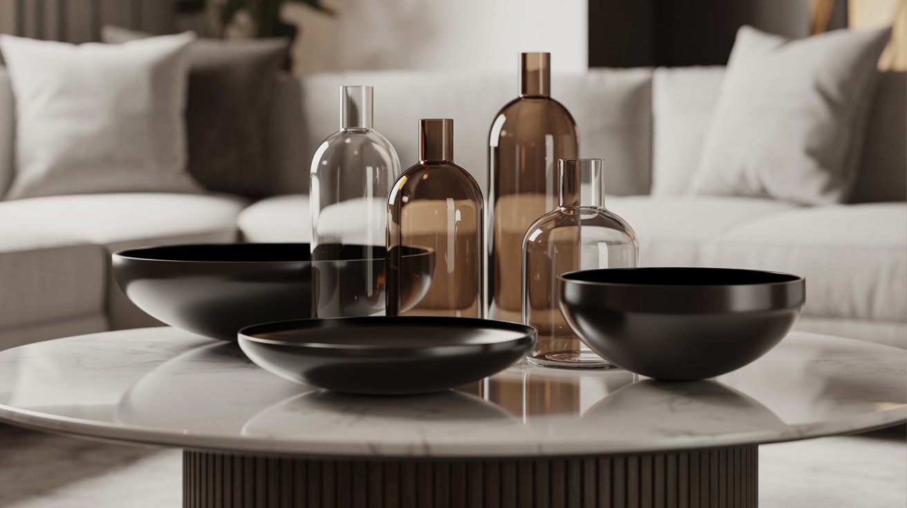 A table displaying various glass and metal bowls alongside several bottles, showcasing a mix of textures and shapes