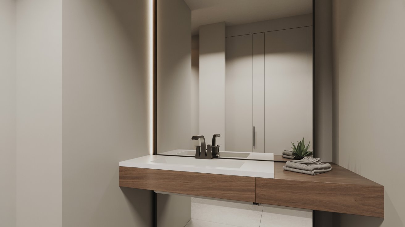 A stylish bathroom with a minimalist sink and a wall-mounted mirror, emphasizing a clean and modern aesthetic.