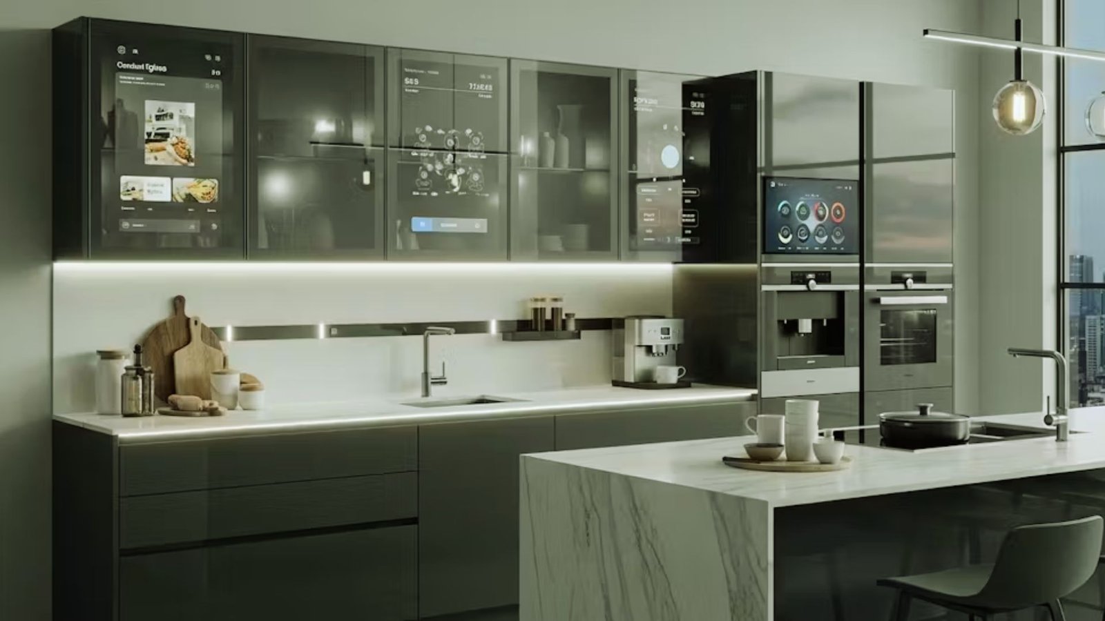 A modern kitchen featuring a spacious island and a large window that lets in natural light.