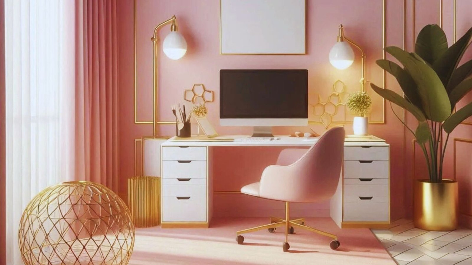 A stylish pink and gold office featuring a modern desk and a comfortable chair.