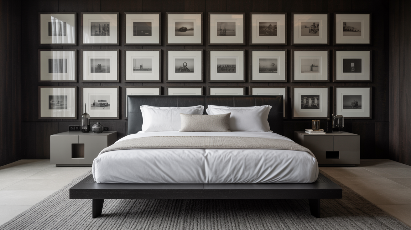 A modern bedroom featuring black walls and a white bed, creating a striking contrast in the interior design.