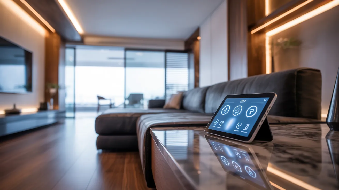  A tablet rests on a table in a cozy living room setting, surrounded by soft furnishings and warm lighting.