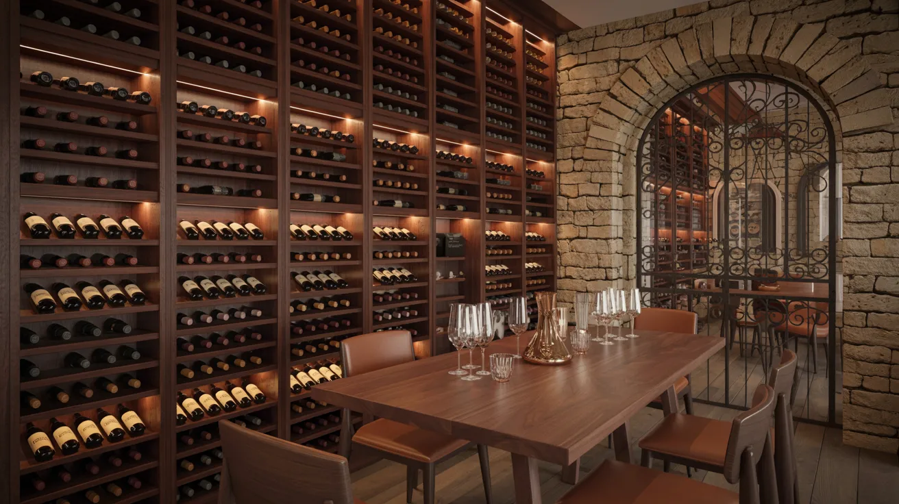 A wine cellar featuring wooden wine racks filled with bottles and two comfortable chairs for relaxation.