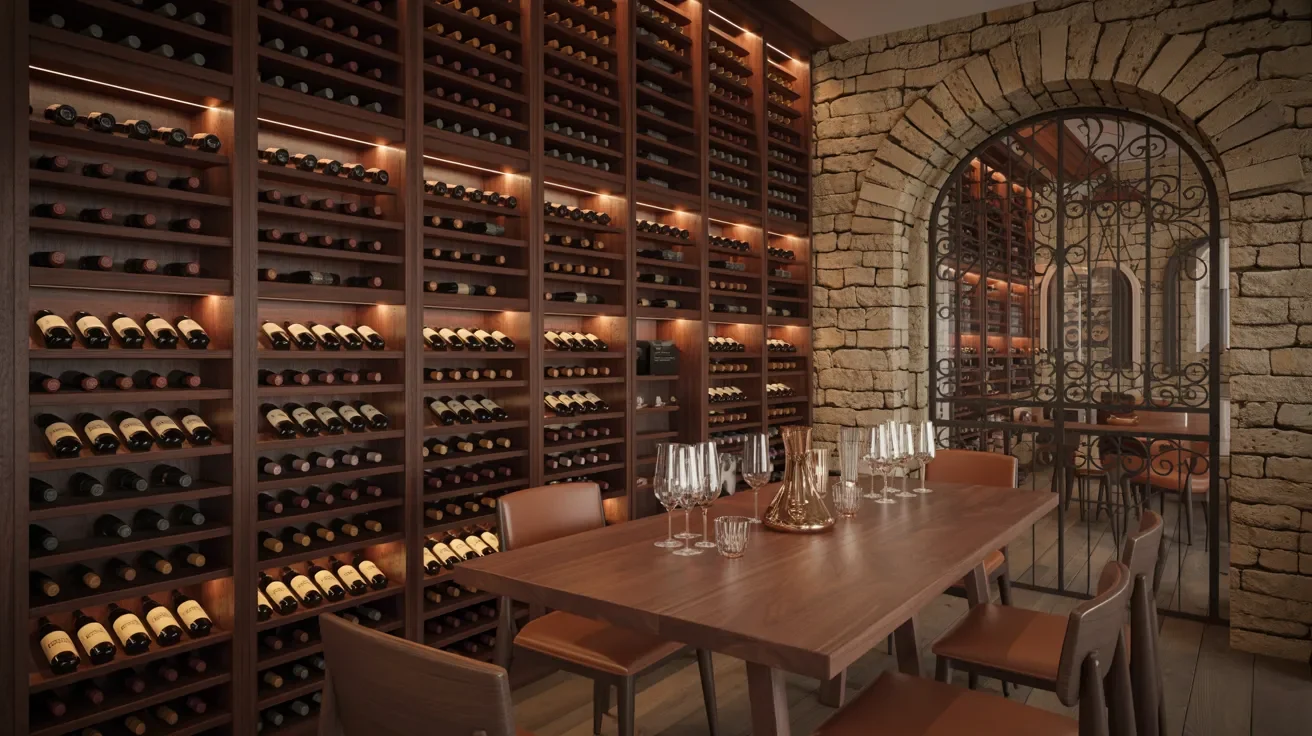 A wine cellar featuring wooden wine racks filled with bottles and two comfortable chairs for relaxation.
