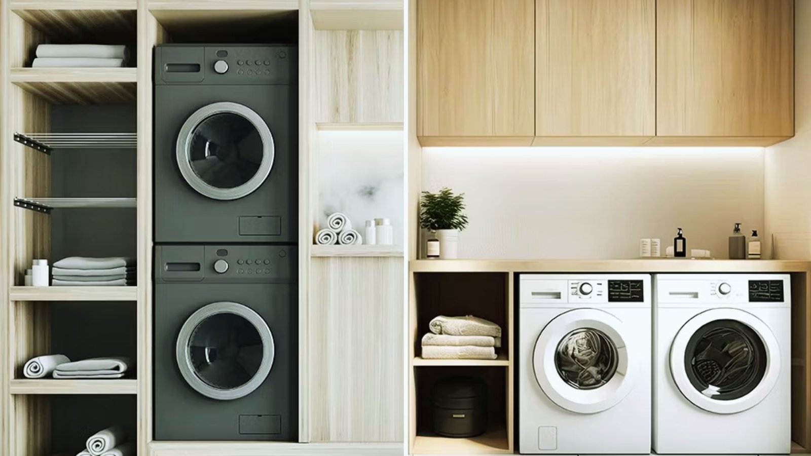 A compact washer and dryer set positioned in a small, functional laundry room.
