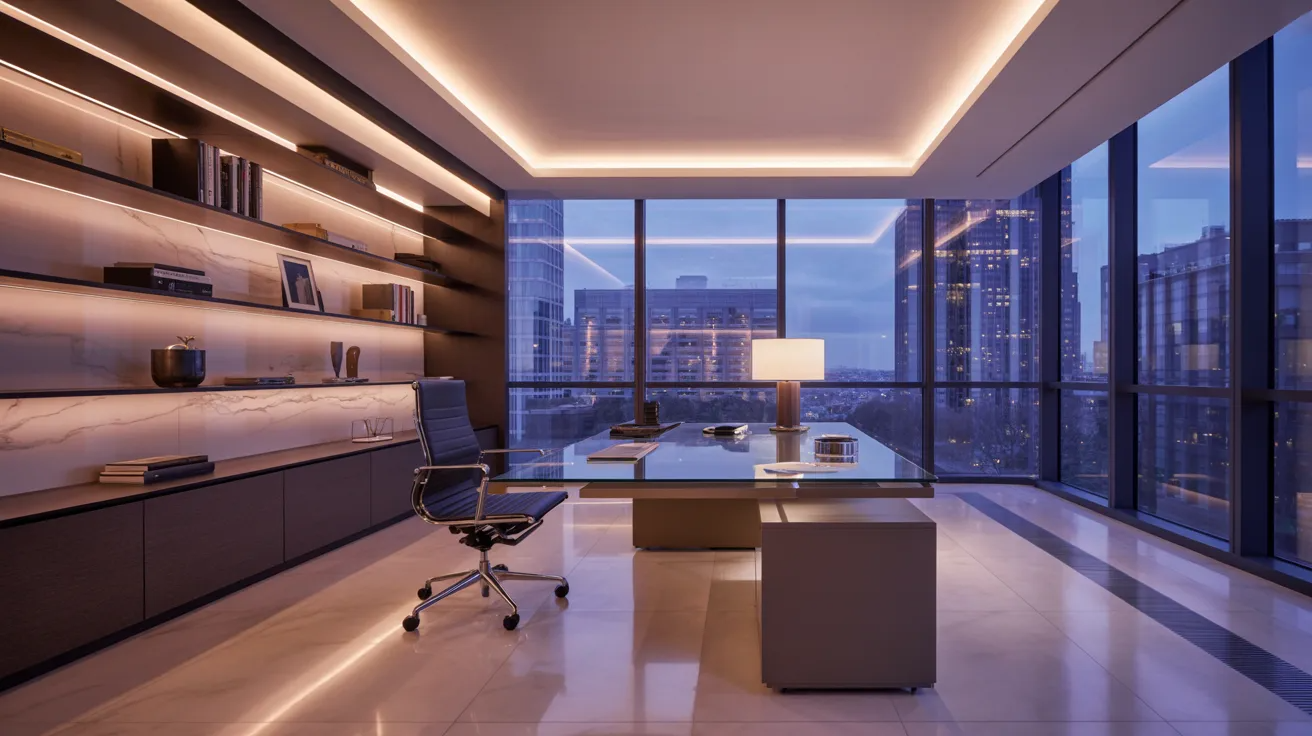 An updated office interior showcasing a large window and a minimalist desk, promoting a professional work environment.