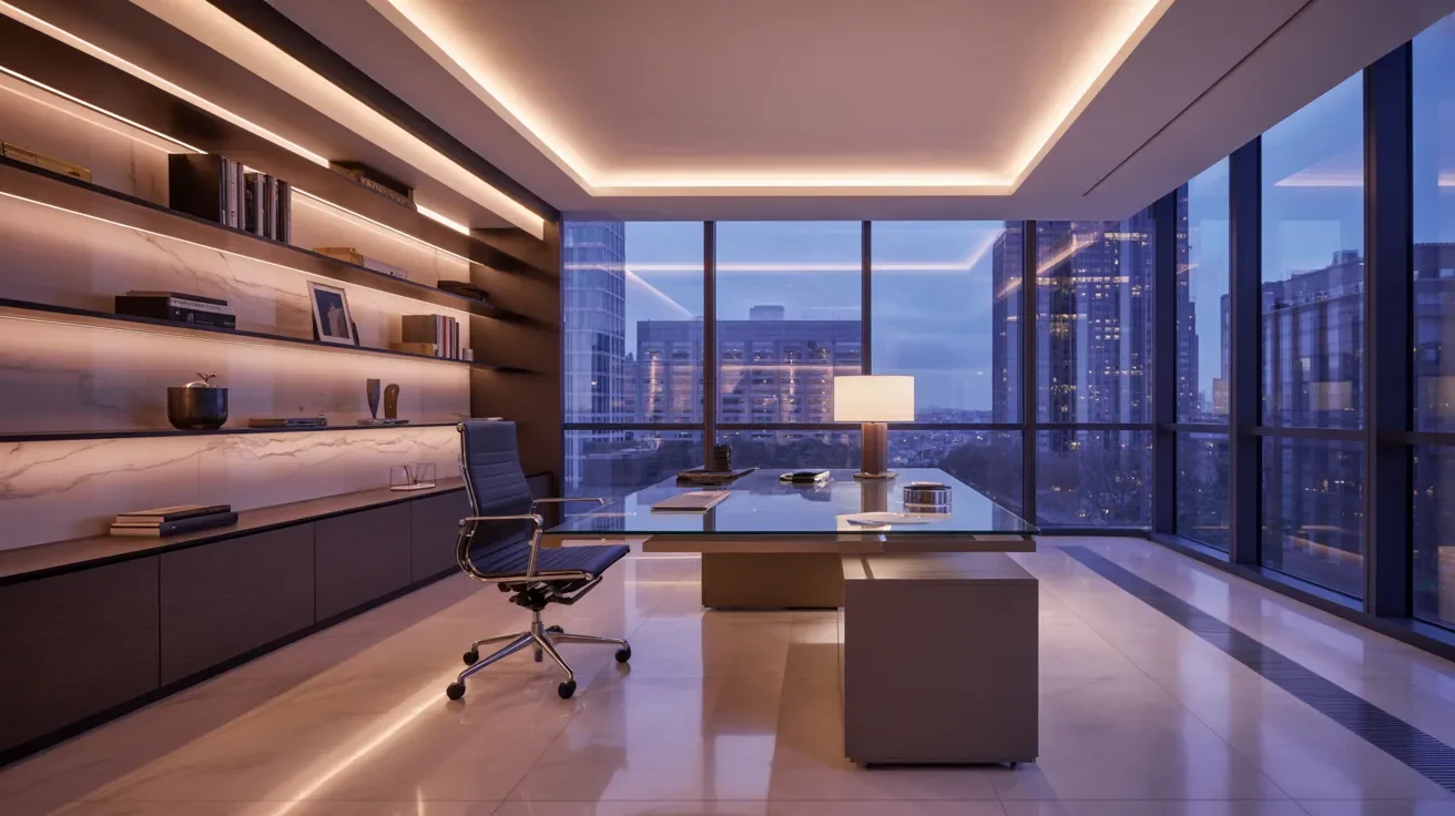 An updated office interior showcasing a large window and a minimalist desk, promoting a professional work environment.